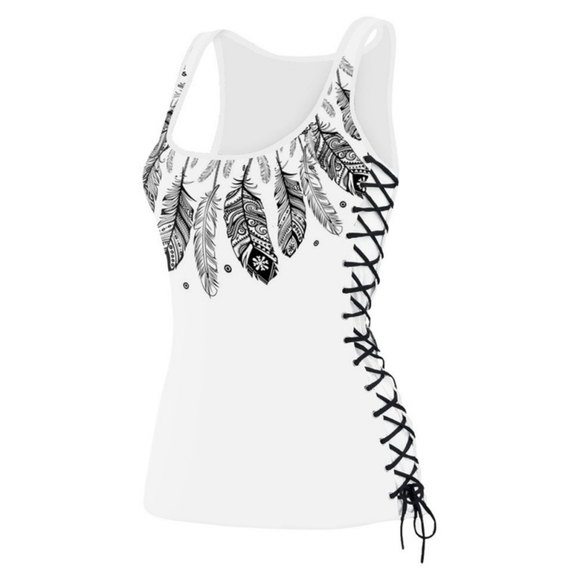 Boho Feathers Side Lace Up Tank Top - Picture 2 of 3